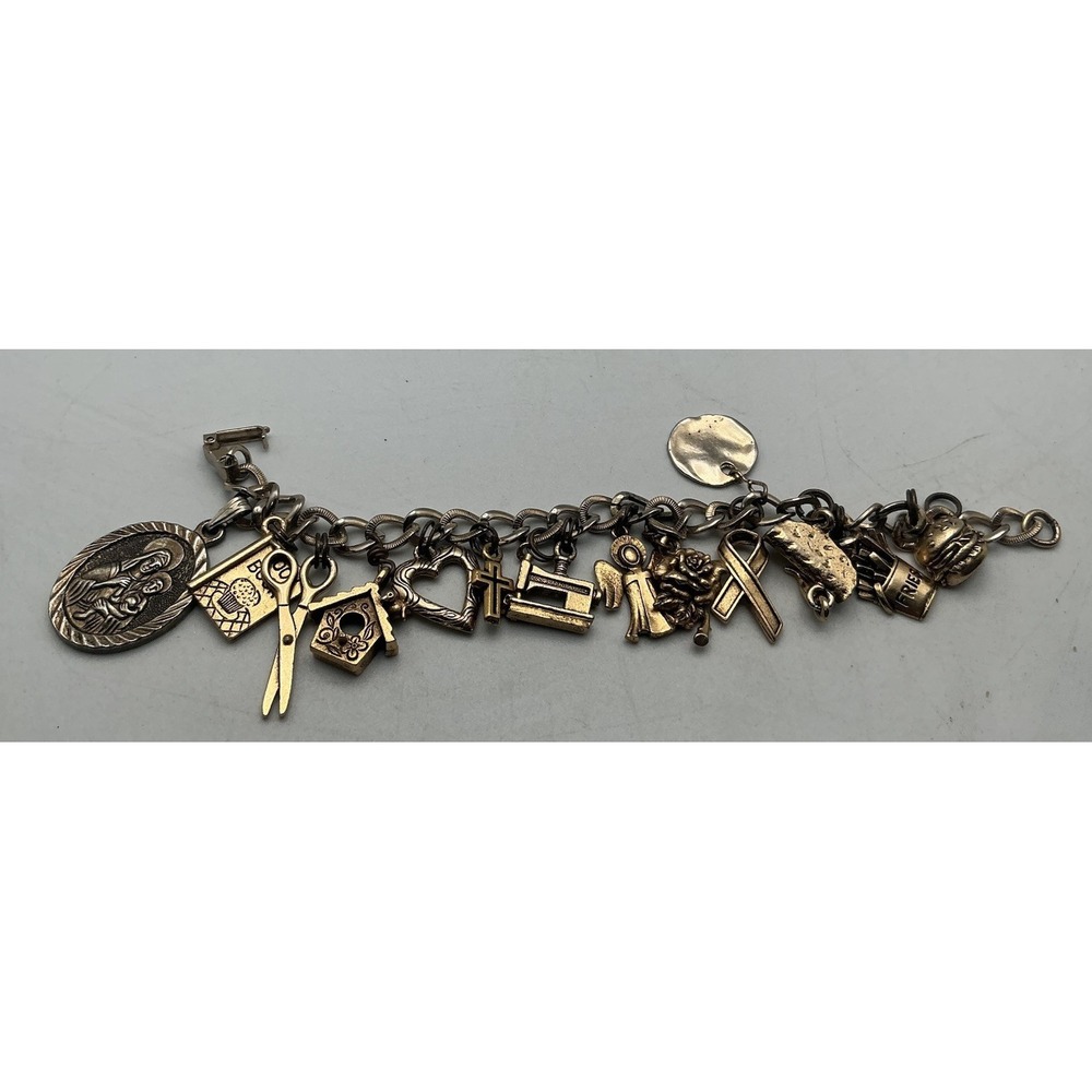 Vintage Mid Century‎ Gold Filled 14 Charm Bracelet Wells Inc Fast Food Religious